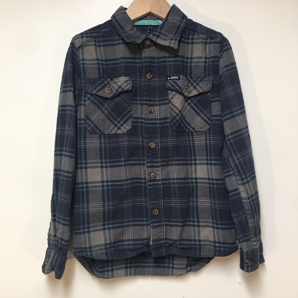 Jetty Flannel Button Down Shirt Boys Size S 6/7 Navy Blue Grey Plaid Long Sleeve